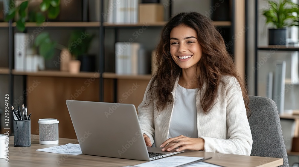 A young woman diligently focuses on her laptop while seated in a contemporary office that features lush plants and filled bookshelves in broad daylight A young woman diligently focuses on her laptop while seated in a contemporary office that features lush plants and filled bookshelves in broad daylight