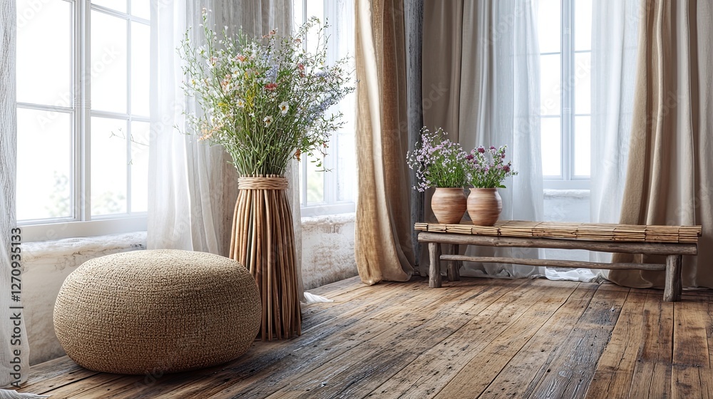 Fototapeta premium A rustic yet elegant eco-living room with reclaimed barn wood floors