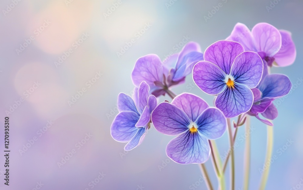 Obraz premium A bouquet of delicate violets on a light periwinkle background