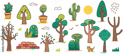 Collection d'arbres dessinés à la main style doodle, illustration pour la conception de dessin animé, communication pour horticulteur, agencement de jardin ou préservation de la nature et des forêts
