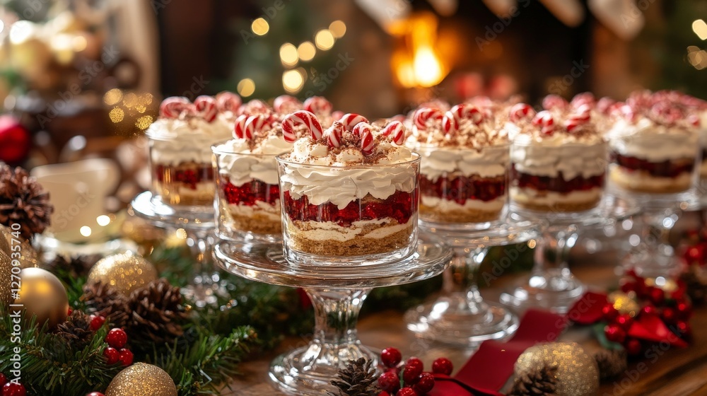 Festive dessert display featuring layered trifle cups with whipped cream and candy canes. Festive dessert display featuring layered trifle cups with whipped cream and candy canes.