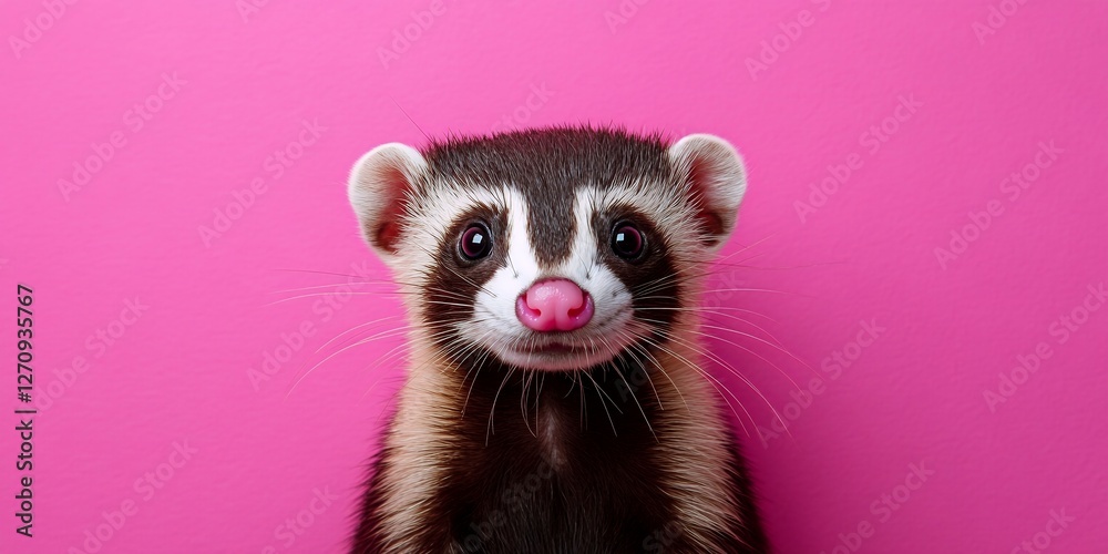 Fototapeta premium Adorable ferret portrait against a vibrant pink background. Perfect for National Ferret Day celebrations or pet-themed projects