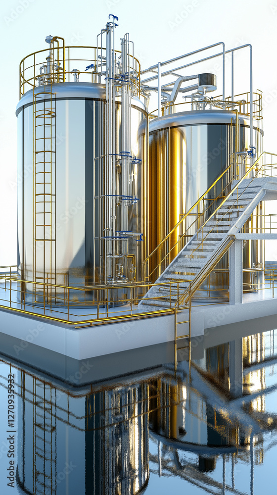 Obraz premium Wastewater treatment filtration mechanical. Sedimentation sustainability. Disinfection biological. Image of industrial wastewater tanks in a clean environmental setup.