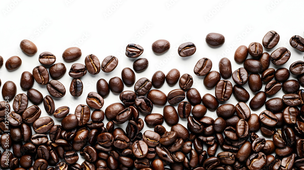 Naklejka premium Close-up view of scattered coffee beans on a white background, highlighting their texture and color
