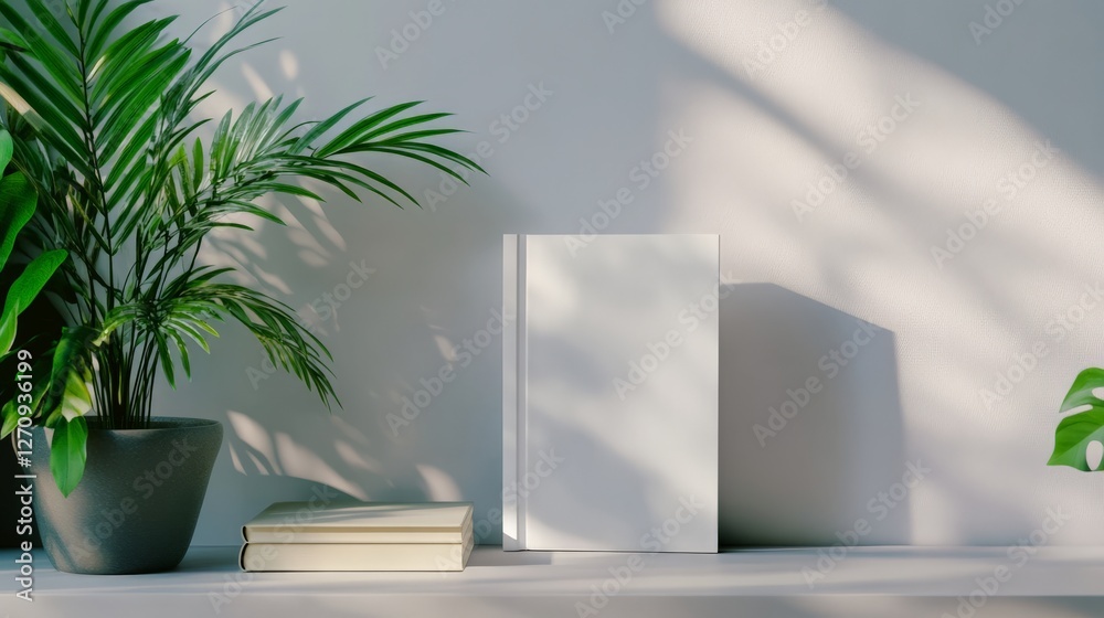 Minimal white book mockup standing upright on a shelf with soft shadows, perfect for minimalist branding, contemporary design. Minimal white book mockup standing upright on a shelf with soft shadows, perfect for minimalist branding, contemporary design.