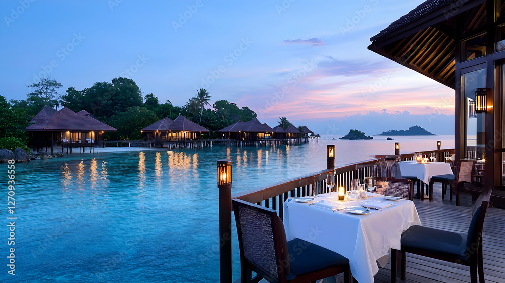 Fototapeta premium Tropical Island Resort Sunset Dining Experience