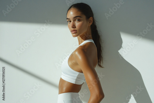 Woman in sportswear posing in minimalist studio with white walls