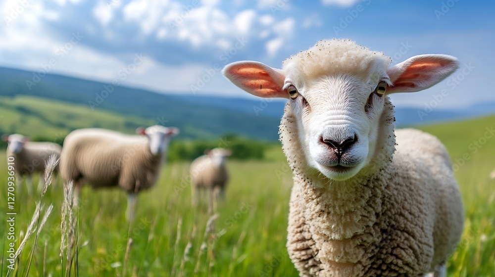 Adorable Sheep Grazing in a Lush Green Landscape Under a Bright Blue Sky : Generative AI Adorable Sheep Grazing in a Lush Green Landscape Under a Bright Blue Sky : Generative AI
