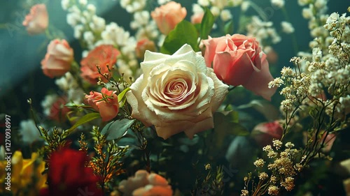 Roses and blossoms in misty garden, romantic floral background for events