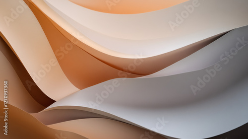 A photograph of abstract paper layers with gentle curves, stacked in a flowing pattern