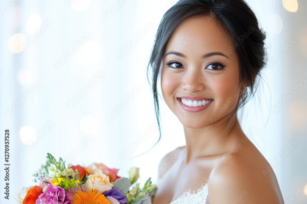 Portrait of beautiful, smiling Asian woman in white wedding dress holding colorful flowers, on a light background Portrait of beautiful, smiling Asian woman in white wedding dress holding colorful flowers, on a light background