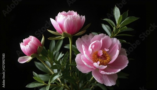 High Resolution Photo Of Pink Peonies Against Black Background, Elegant And