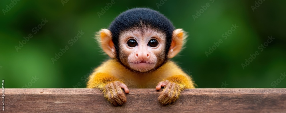 Fototapeta premium Curious Baby Monkey Peering Over a Wooden Barrier Surrounded by Lush Green Forest Background