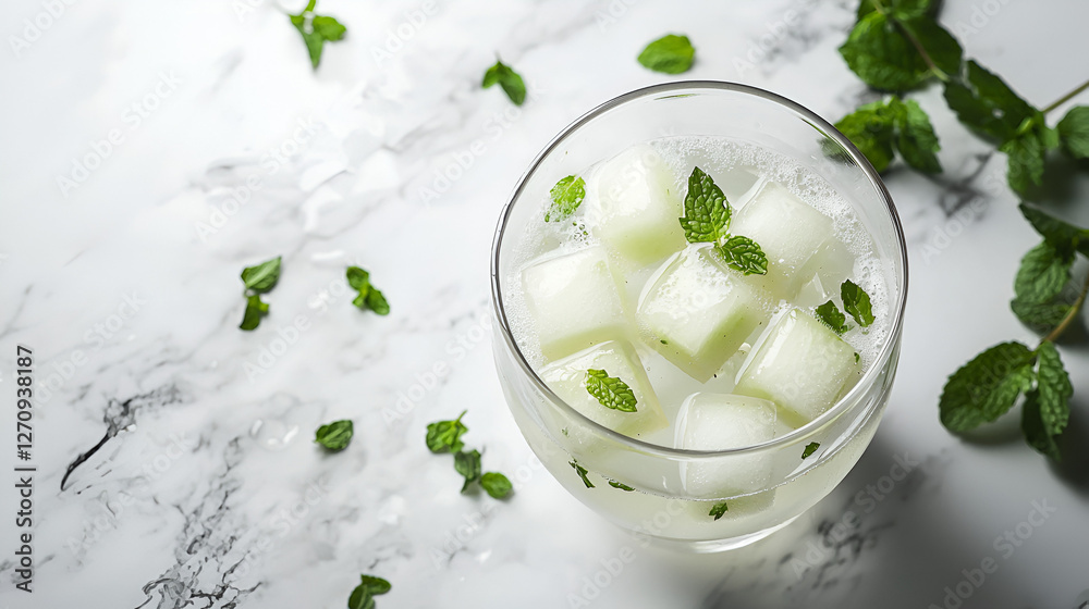 Refreshing drink with melon cubes, mint, and sparkling water on a marble surface. Refreshing drink with melon cubes, mint, and sparkling water on a marble surface.