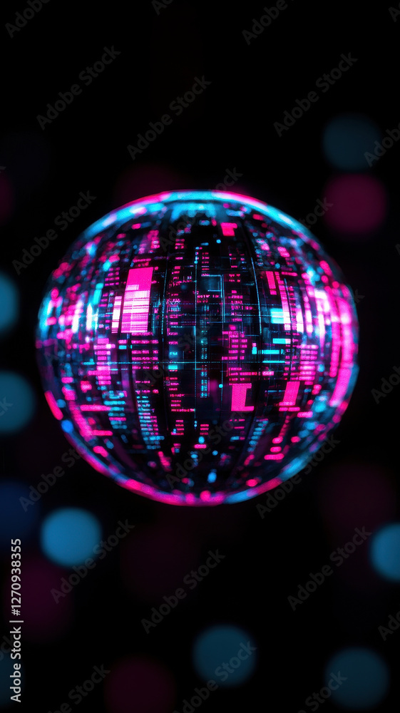 floating glass like globe with vibrant data grids reflecting light, creating futuristic atmosphere