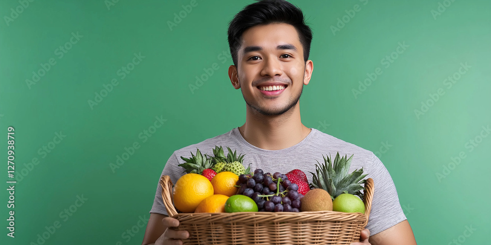 farmer man holding fruits in basket, marketing photography, happy to sell you a product, standing, smiling on solid background farmer man holding fruits in basket, marketing photography, happy to sell you a product, standing, smiling on solid background