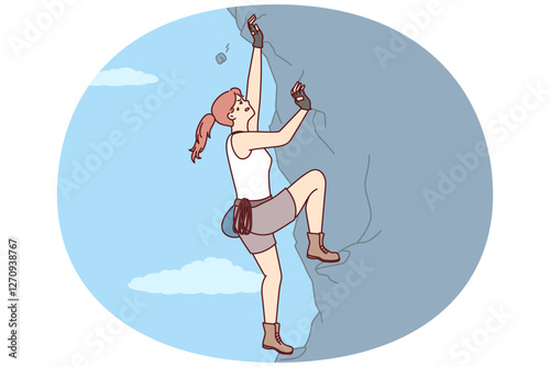 Woman climbs steep cliff to conquer difficult peak without insurance and set new record. Purposeful female rock climber with extreme hobby climbs crag wanting to get new dose of adrenaline