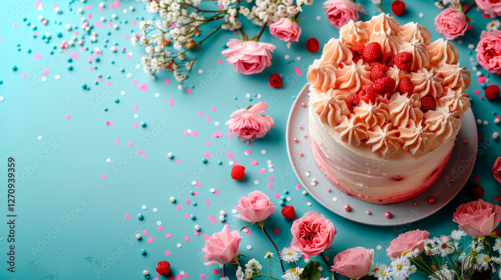 Naklejka premium Beautiful decorated cake and roses on blue backdrop banner background copy space. Birthday congratulation image backdrop empty. Festive frame concept composition top view, copyspace