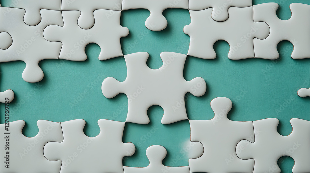 Close-up of empty white puzzle pieces on a teal background Close-up of empty white puzzle pieces on a teal background