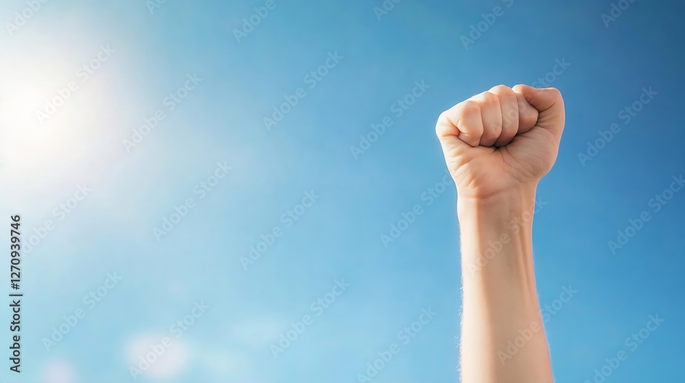 A hand raised in a powerful gesture against a bright blue sky symbolizing strength and determination : Generative AI A hand raised in a powerful gesture against a bright blue sky symbolizing strength and determination : Generative AI
