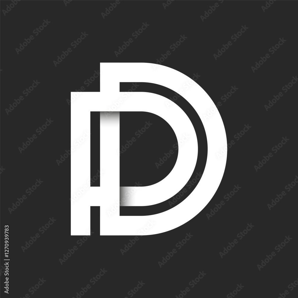 Initials PD or DP letters monogram logo with overlapping bold geometric lines and a stylish cutout shadow effect on a dark background, two letters P and D combination branding identity. Initials PD or DP letters monogram logo with overlapping bold geometric lines and a stylish cutout shadow effect on a dark background, two letters P and D combination branding identity.
