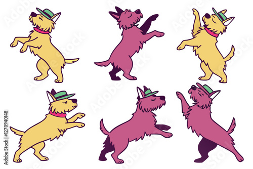 different Australian Silky Terrier dog, colorful silhouette of dancing style cartoon expansion,  illustration on a white background.