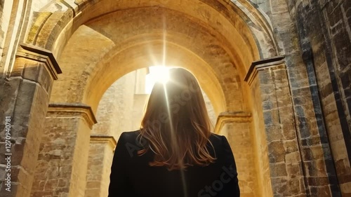 Woman in cathedral archway, sunlight, stone architecture