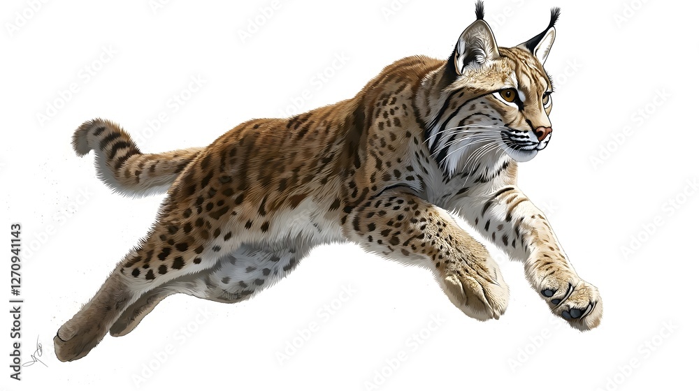 Wild lynx cat in dynamic jumping motion powerful feline predator action portrait showing muscular strength hunting behavior wildlife photography concept isolated on white background Wild lynx cat in dynamic jumping motion powerful feline predator action portrait showing muscular strength hunting behavior wildlife photography concept isolated on white background