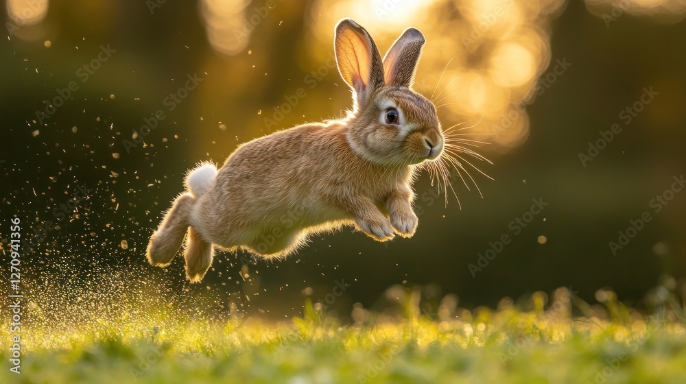 Obraz premium Bunny leaping sunset meadow nature spring