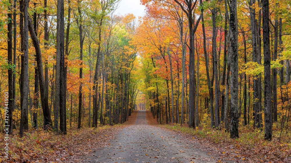 Fototapeta premium Autumnal Forest Path with Vibrant Fall Foliage
