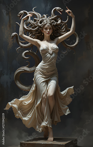 Ai generative contemporary art in the form of stone sculpture is Greek and Roman art, conveying the beauty and danger of a young woman who looks graceful and calm, but her hair is snakes like Medusa.