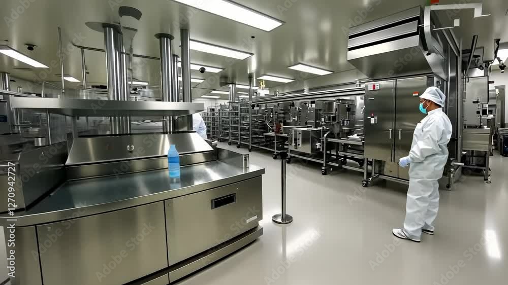Workers in clean suits monitor machinery in sterile factory processing facility Workers in clean suits monitor machinery in sterile factory processing facility
