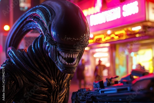 Alien creature stands menacingly under neon lights in a bustling urban setting at night photo