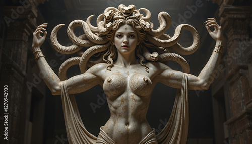 Ai generative contemporary art in the form of stone sculpture is Greek and Roman art, conveying the beauty and danger of a young woman who looks graceful and calm, but her hair is snakes like Medusa.