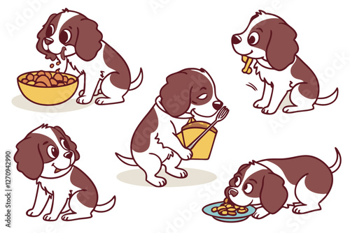 Cavalier King Charles Spaniel dogs colorful silhouette of eating style cartoon expansion, illustration on a white background.