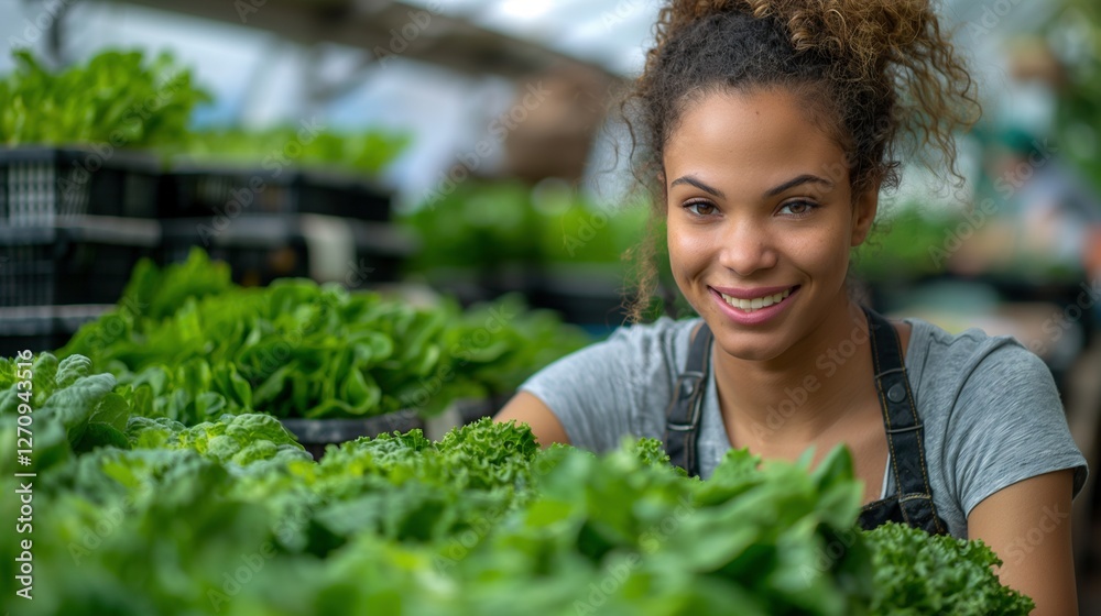 Smiling latina female farmer in greenhouse with leafy greens portrait image. Eco-friendly and sustainable farming picture photorealistic. Horticulture hothouse concept photo realistic Smiling latina female farmer in greenhouse with leafy greens portrait image. Eco-friendly and sustainable farming picture photorealistic. Horticulture hothouse concept photo realistic