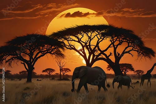  A majestic African savanna with elephants, giraffes, and lions silhouetted against a fiery sunset. photo