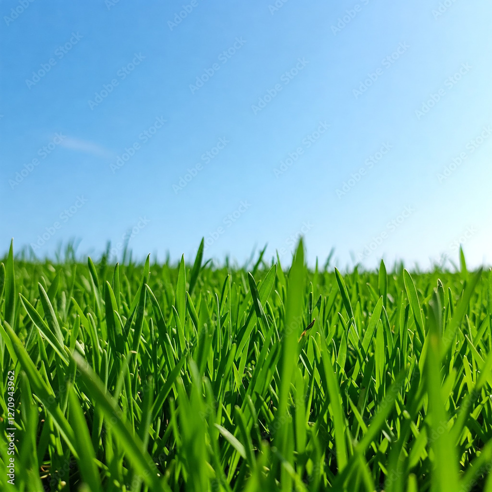 Fototapeta premium Close-up vibrant green grass lawn, natural greenery background texture of lawn garden. The lush blades of grass fill the frame. Lawn for training football pitch, Grass Golf Courses.