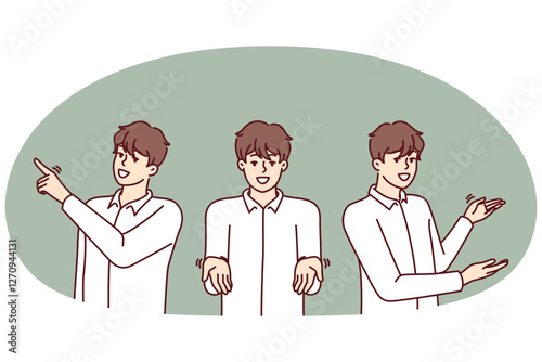 Man pointing in different directions providing consulting or customer support services and answering questions of interest. Three identical guys make pointing gestures with hands giving clues