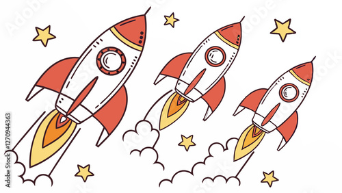 Hand-drawn rocket illustration with three space shuttles launching into the starry sky in a playful cartoon style