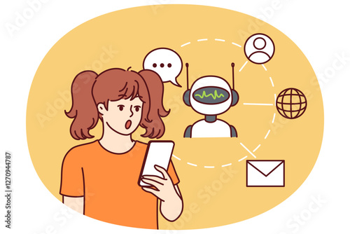 Teen girl with phone uses chatbot or robotic app with artificial intelligence and opens mouth in surprise at possibilities of AI neural networks. Surprised girl using smartphone with AI programs