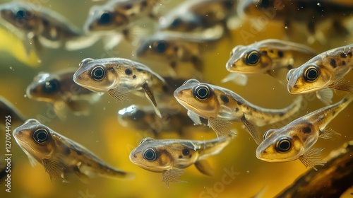 Tadpoles Group in Natural Lake Scene. Close-up Macro Detail of Polliwog in Duck Pond