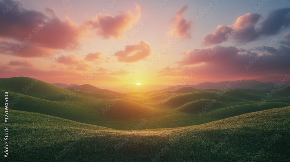 A serene landscape with rolling green hills and a vibrant sunset sky, casting a warm glow across the horizon, creating a peaceful and calming background for any visual project