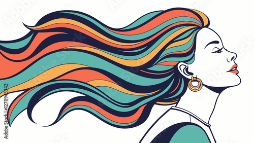 Abstract modern woman illustration with colorful dynamic hair movement in a stylish artistic vector portrait