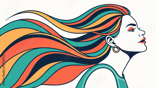 Elegant female portrait with vibrant flowing hair in a contemporary artistic illustration with bold colors background