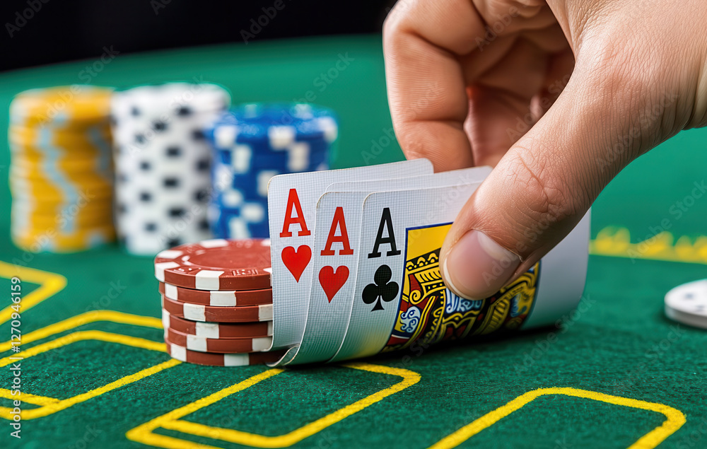 Obraz premium hand holding winning poker hand of aces and king on green table