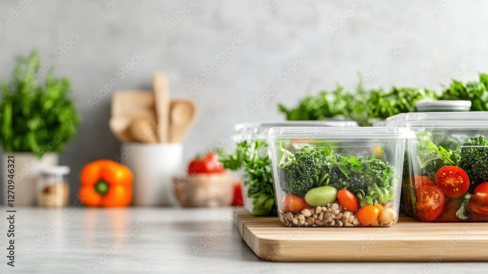 Fresh vegetables and grains stored in clear containers on kitchen countertop, showcasing healthy meal prep setup Fresh vegetables and grains stored in clear containers on kitchen countertop, showcasing healthy meal prep setup