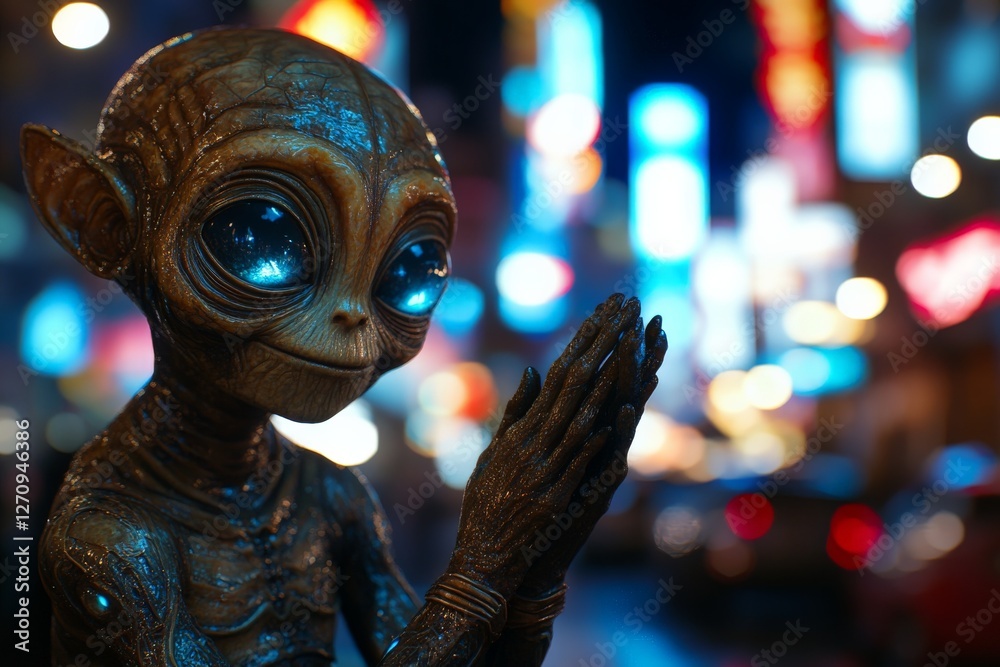 Unusual extraterrestrial figure poses thoughtfully in a vibrant city setting during nighttime