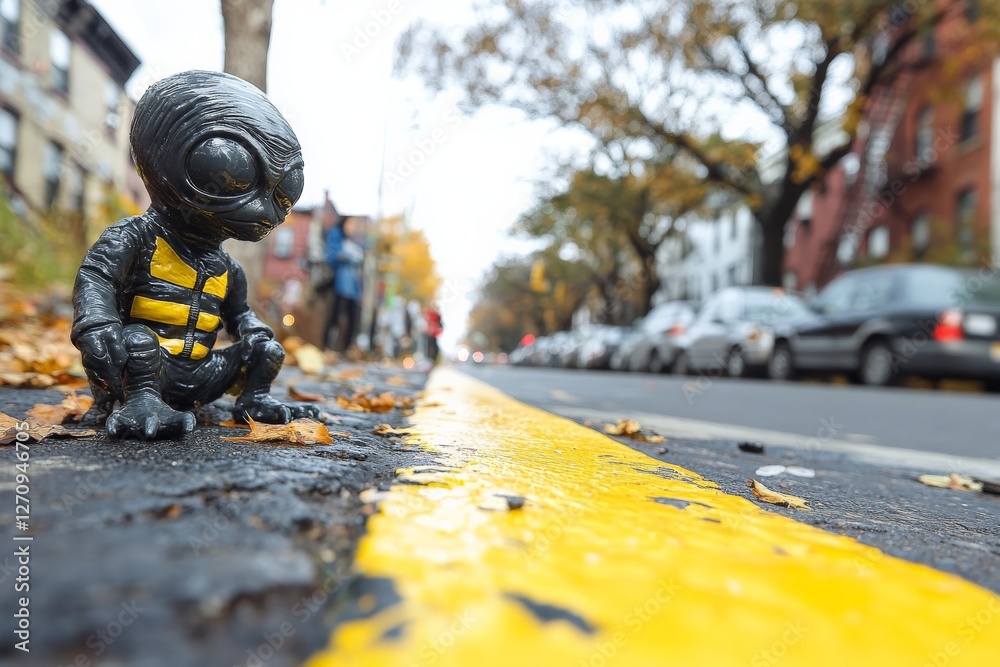 Small alien figurine sits on a yellow line in a city street surrounded by autumn leaves and parked cars Small alien figurine sits on a yellow line in a city street surrounded by autumn leaves and parked cars