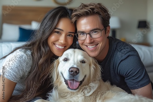 A joyful multiracial couple pets their dog as they sit on the floor at home